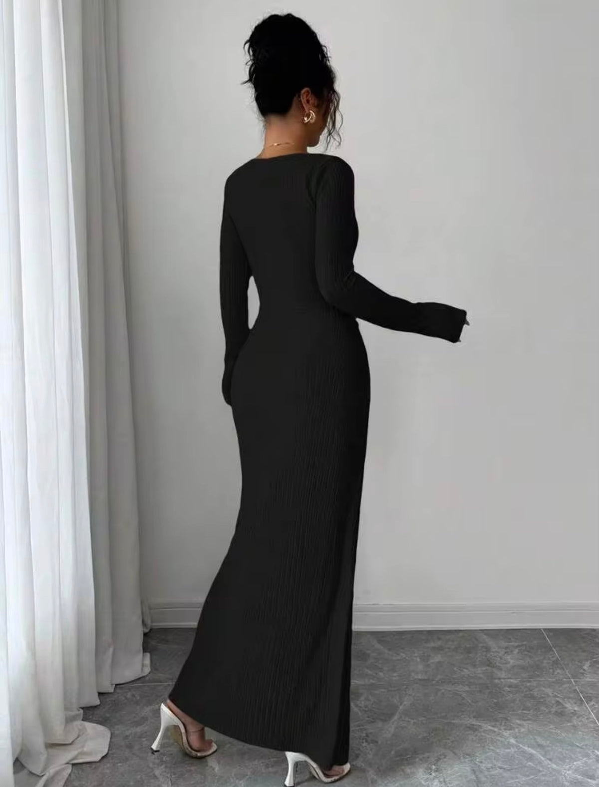 Black - back view - Stunning Asymmetric Ribbed Long Sleeve Ruched Slit Bodycon Dress