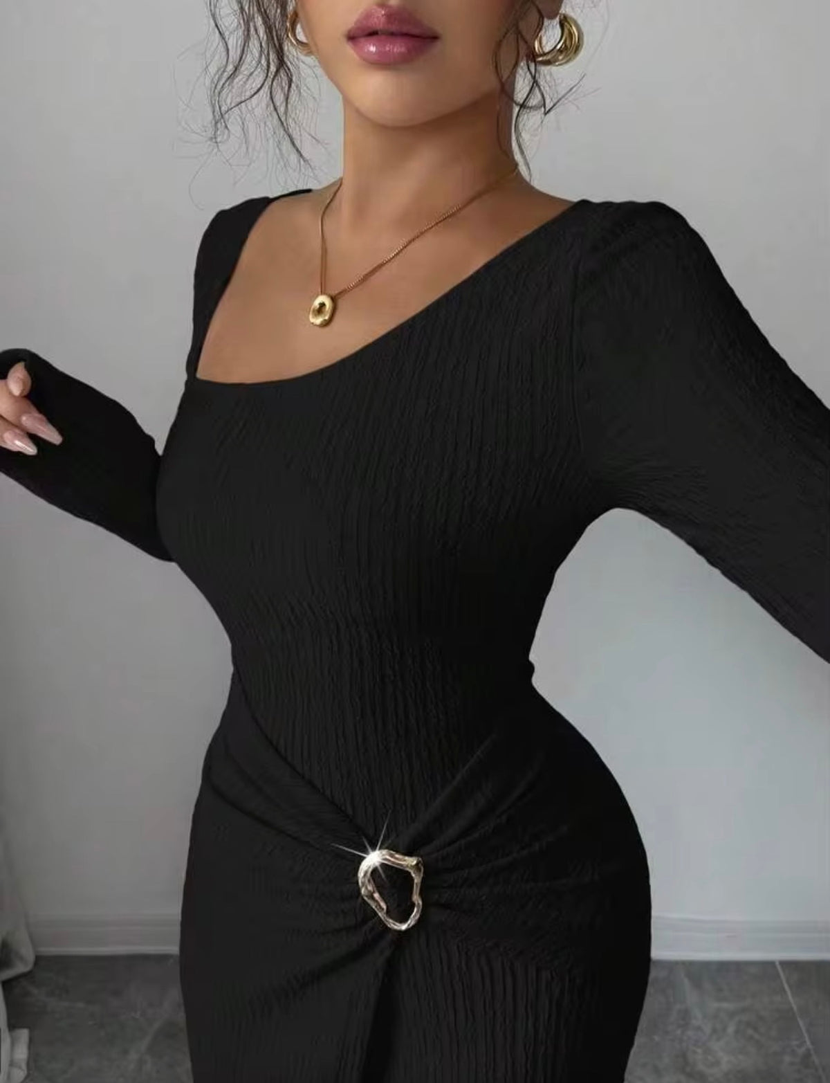Black - close-up front - Stunning Asymmetric Ribbed Long Sleeve Ruched Slit Bodycon Dress