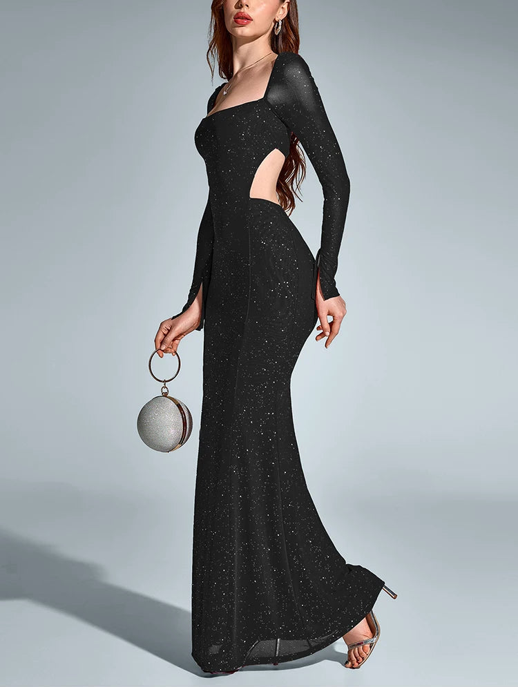 Women’s Sequin Square Neckline Long-Sleeve Cut-Out Back Maxi Long Dress – Free Shipping