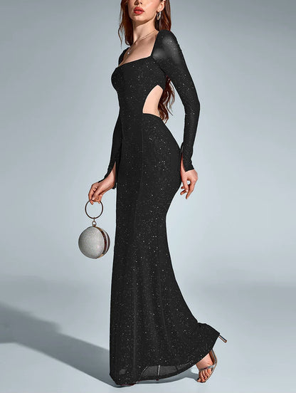 Women’s Sequin Square Neckline Long-Sleeve Cut-Out Back Maxi Long Dress – Free Shipping
