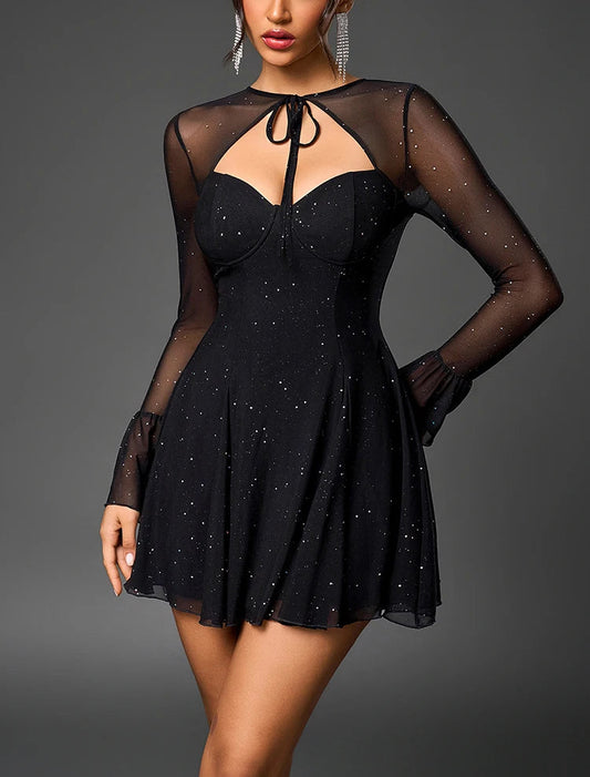 Chic Black Sweetheart Cut-out Lace Long Sleeve Short Mini Dress - Free Shipping