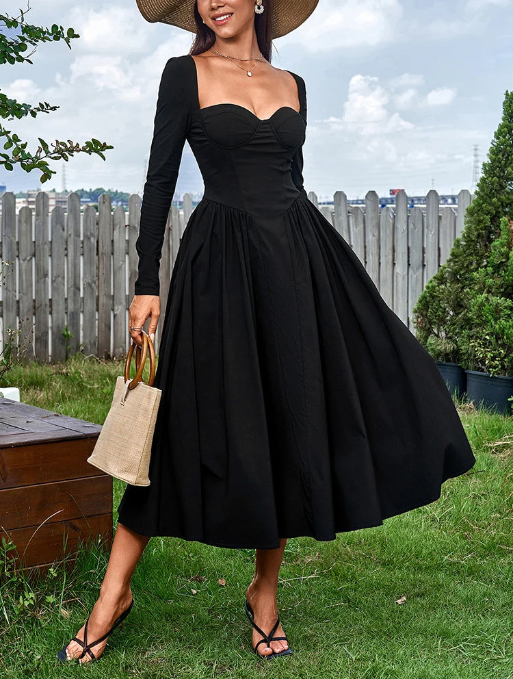 Beautiful Sweetheart Neckline Long Sleeve Pleated Midi A-Line Dress - Free Shipping