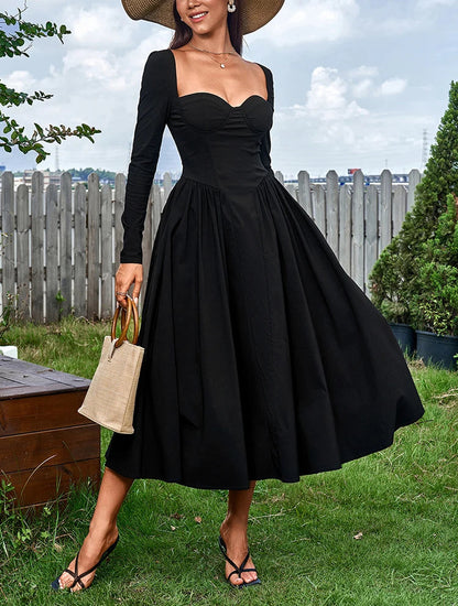 Beautiful Sweetheart Neckline Long Sleeve Pleated Midi A-Line Dress - Free Shipping