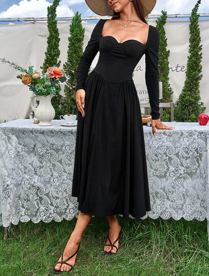 Beautiful Sweetheart Neckline Long Sleeve Pleated Midi A-Line Dress - Free Shipping