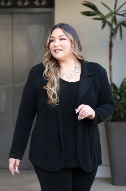 Elegant Plus Size Black One-Button Long Sleeve Blazer- Free Shipping