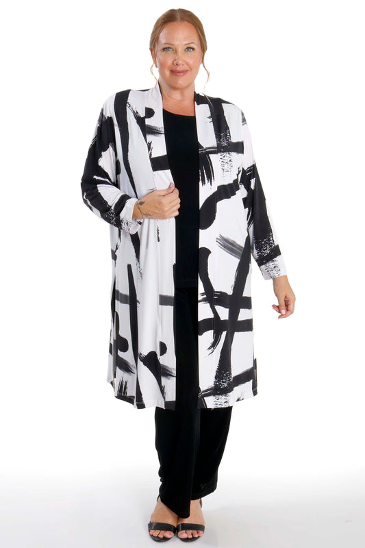 Stylish White Black Plus Size Long Sleeve Slit Duster Cardigan – Free Shipping
