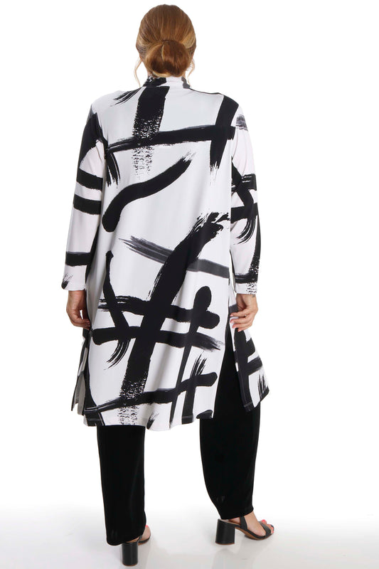 Stylish White Black Plus Size Long Sleeve Slit Duster Cardigan – Free Shipping