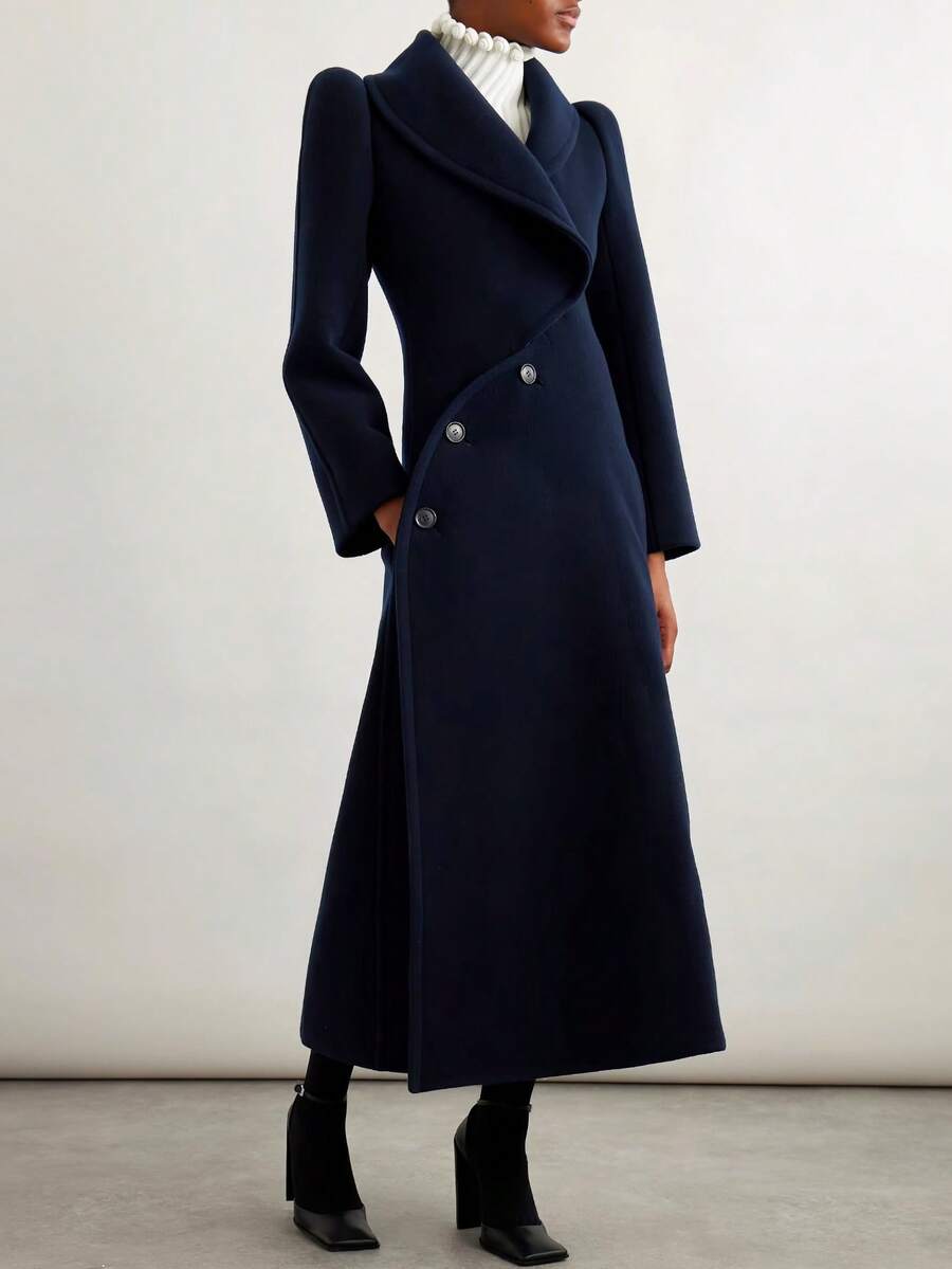 Stylish Double Breasted Asymmetrical Button Long Puff Sleeves Long Overcoat - Free Shipping