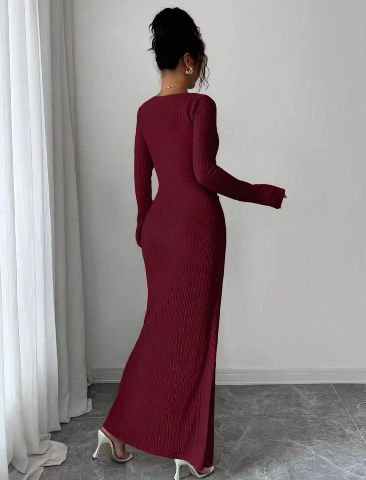 Burgundy - back view - Stunning Asymmetric Ribbed Long Sleeve Ruched Slit Bodycon Dress