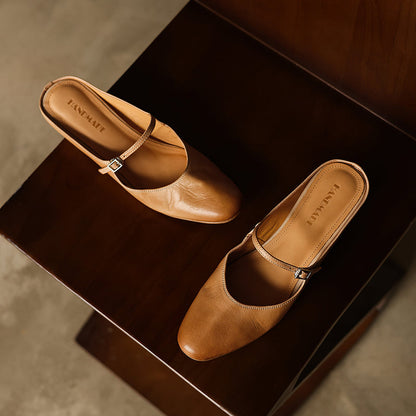 Leather Low Heel Square Toe Mary Jane Mules Sandals - Free Shipping