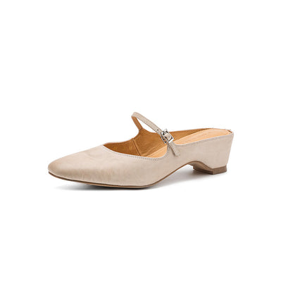 Leather Low Heel Square Toe Mary Jane Mules Sandals - Free Shipping
