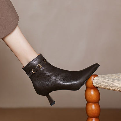 Sheepskin Upper Pointed Toe Side Buckle Retro High Heels Boots - Free Shipping