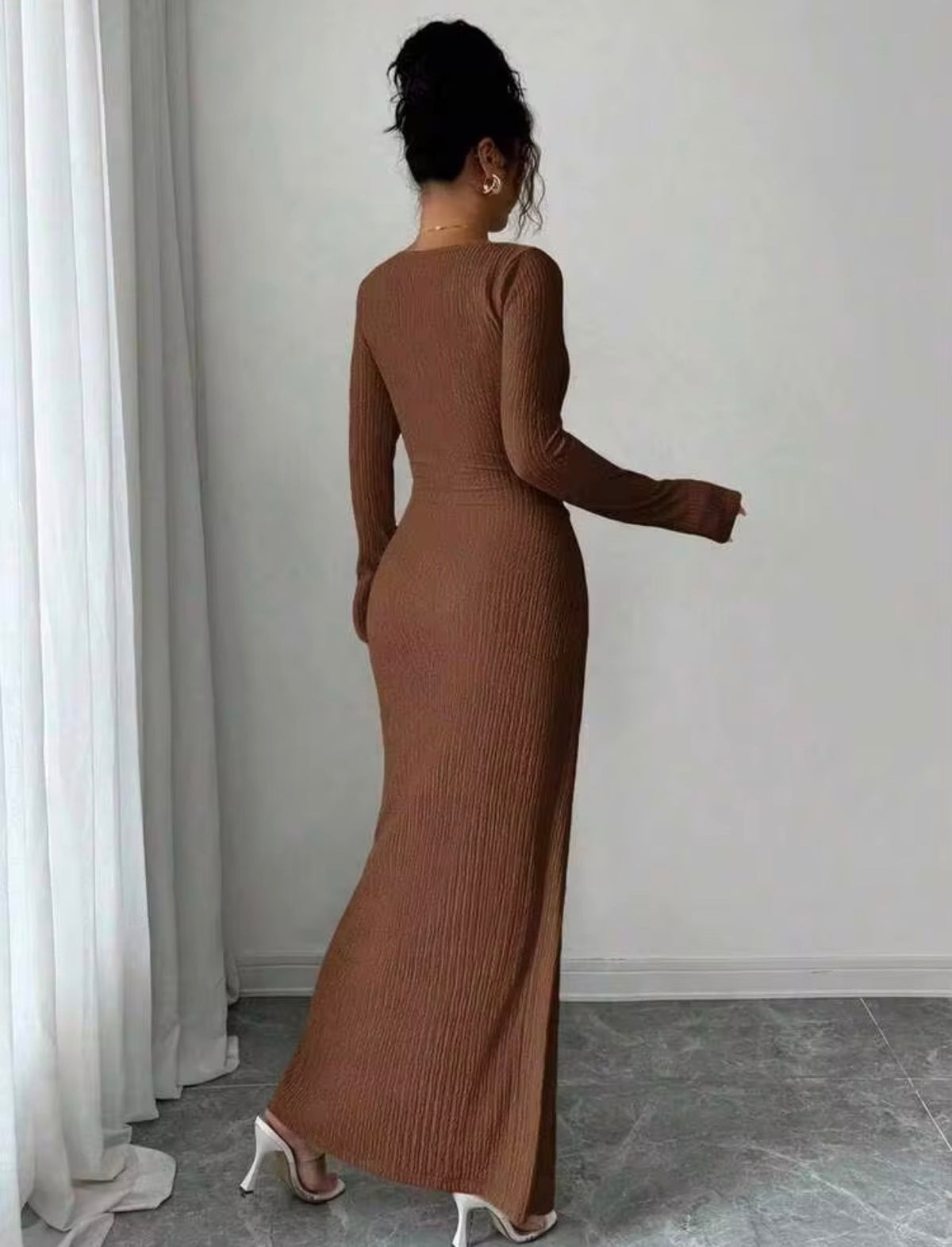 Coffee - back view - Stunning Asymmetric Ribbed Long Sleeve Ruched Slit Bodycon Dress