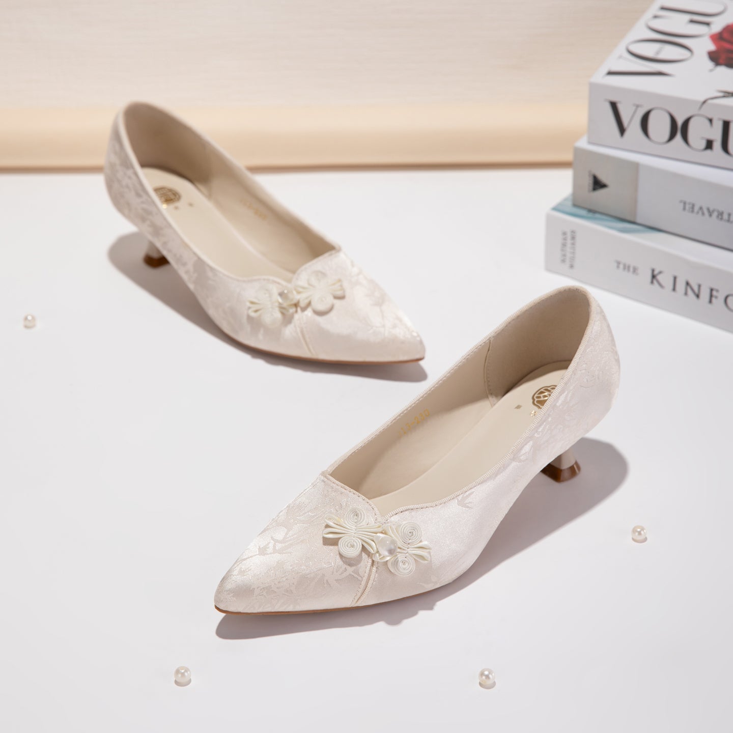 Jacquard Floral Pearl Satin Pointed-Toe Kitten Heels - Free Shipping