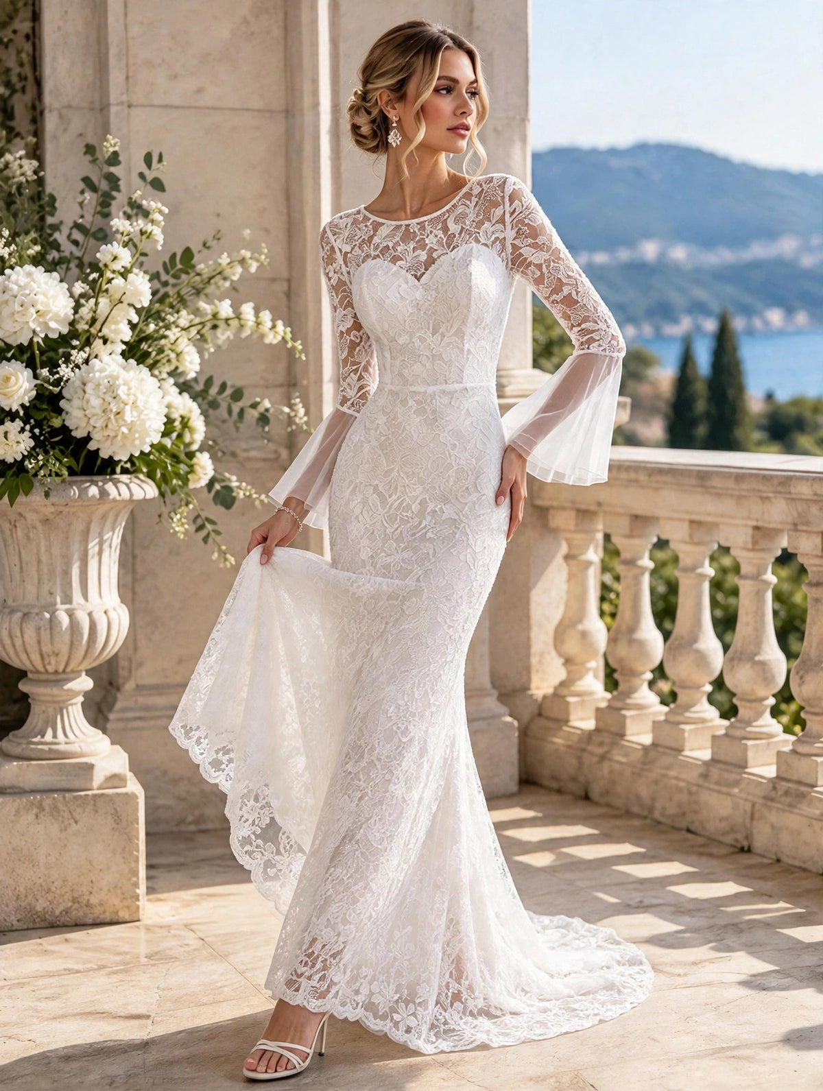 Elegant White Lace Long Sleeve Sweep Train Wedding Dress - Romantic Bridal Gown - Free Shipping