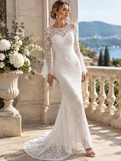 Elegant White Lace Long Sleeve Sweep Train Wedding Dress - Romantic Bridal Gown - Free Shipping