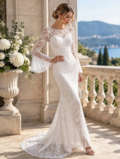 Elegant White Lace Long Sleeve Sweep Train Wedding Dress - Romantic Bridal Gown - Free Shipping
