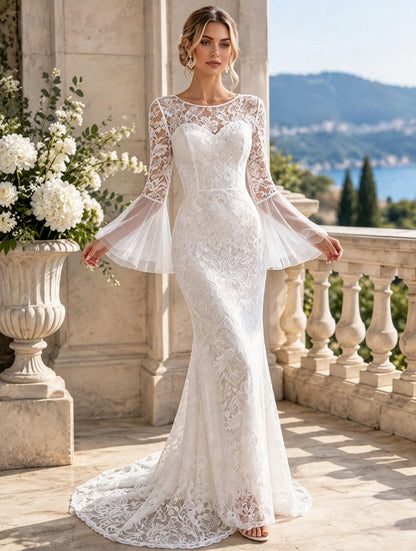Elegant White Lace Long Sleeve Sweep Train Wedding Dress - Romantic Bridal Gown - Free Shipping