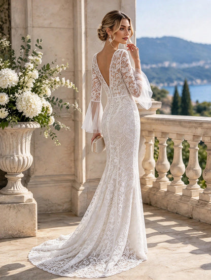 Elegant White Lace Long Sleeve Sweep Train Wedding Dress - Romantic Bridal Gown - Free Shipping