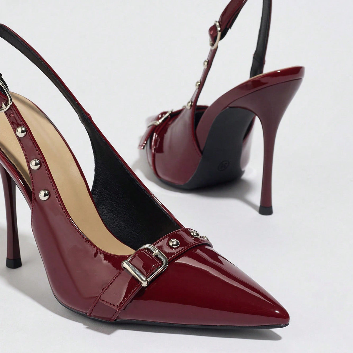 Pointed-Toe  Synthetic Leather Buckle Rivet Stiletto Heels - Free Shipping