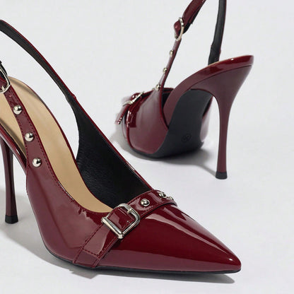Pointed-Toe  Synthetic Leather Buckle Rivet Stiletto Heels - Free Shipping