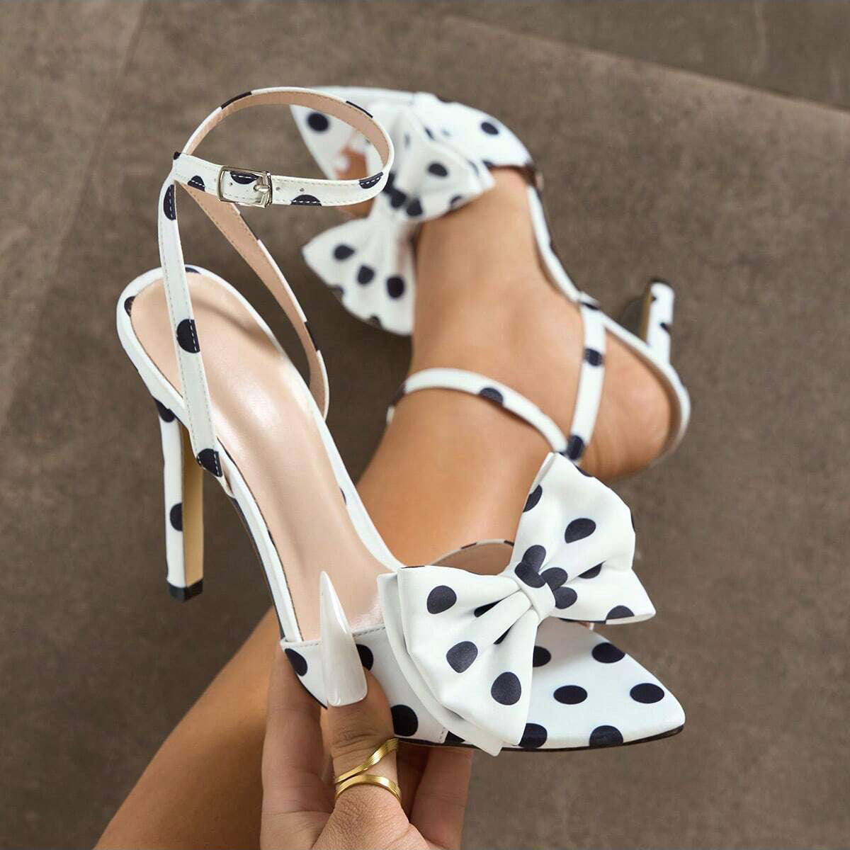 Elegant Silk Polka-Dot Pointed-Toe High Heels with Bow Detail - Free Shipping