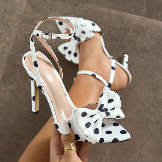 Elegant Silk Polka-Dot Pointed-Toe High Heels with Bow Detail - Free Shipping
