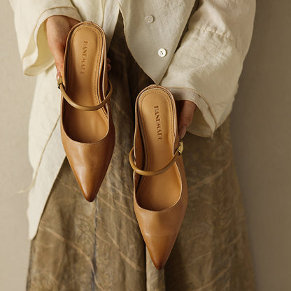Cowhide Pointed Toe Block Mary Jane Mule Sandals - Free Shipping