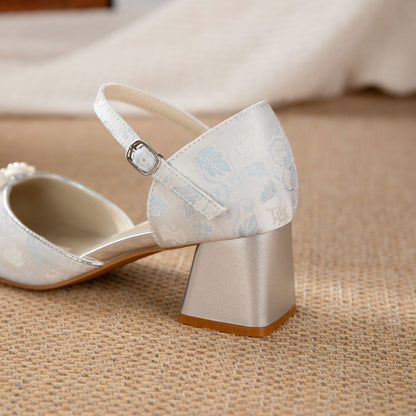 Jacquard  Pearl Bow Square-Toe Chunky Platform Heel Shoes - Free Shipping