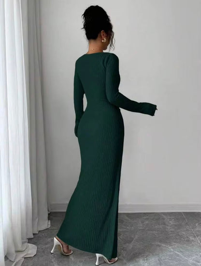 Dark Green - back view - Stunning Asymmetric Ribbed Long Sleeve Ruched Slit Bodycon Dress