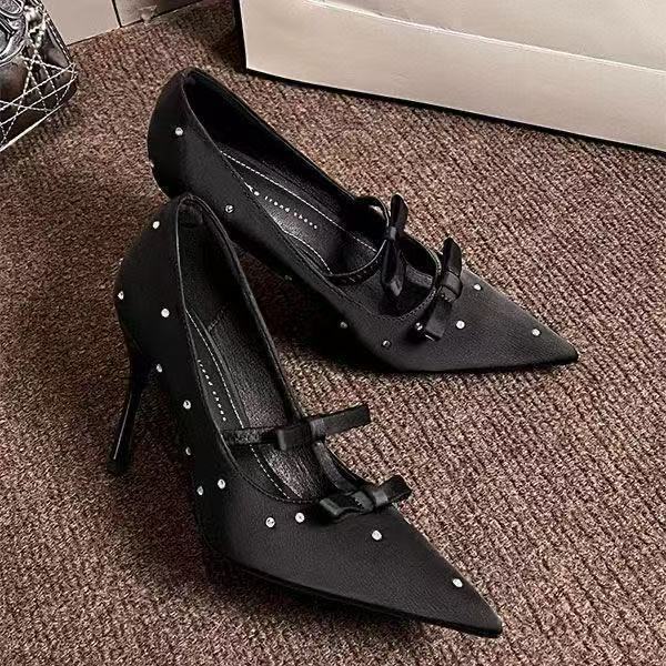 Rhinestone Bow Pointed Toe Satin Stiletto High Heels - Free Shipping