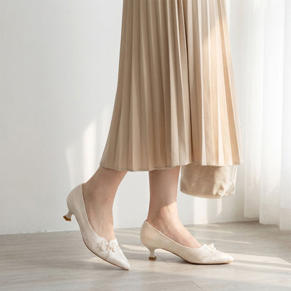 Jacquard Floral Pearl Satin Pointed-Toe Kitten Heels - Free Shipping