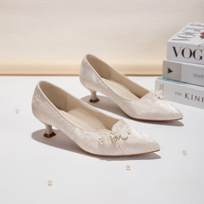 Jacquard Floral Pearl Satin Pointed-Toe Kitten Heels - Free Shipping