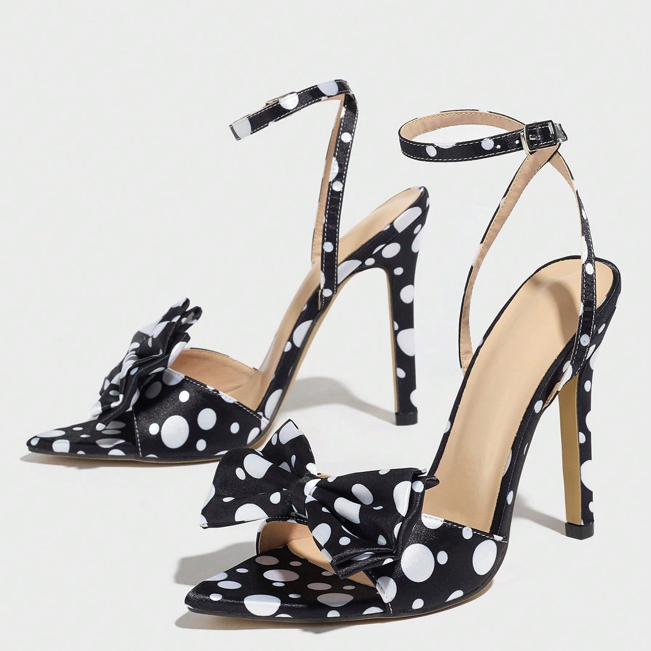 Elegant Silk Polka-Dot Pointed-Toe High Heels with Bow Detail - Free Shipping
