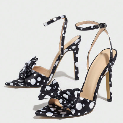 Elegant Silk Polka-Dot Pointed-Toe High Heels with Bow Detail - Free Shipping