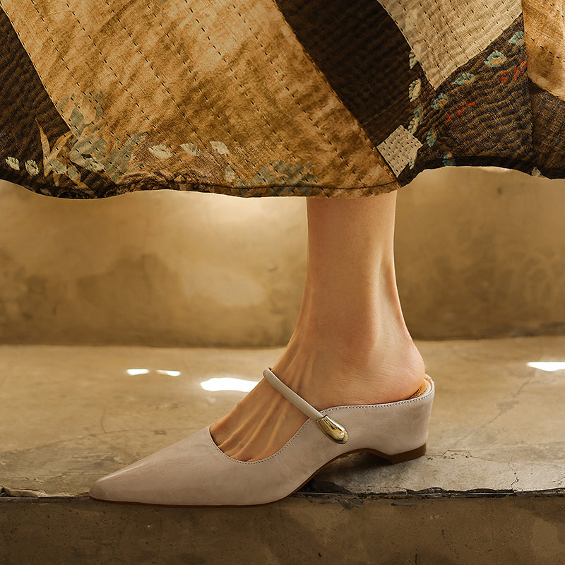 Cowhide Pointed Toe Block Mary Jane Mule Sandals - Free Shipping