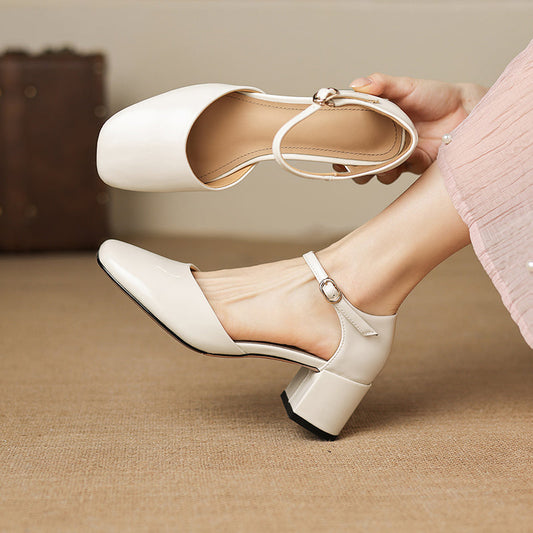 Cutout Mary Jane Full-Grain Cowhide Square Toe Block Heel Sandals - Free Shipping
