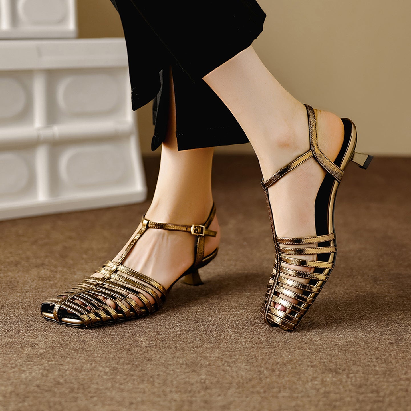 Lambskin Cage T-Strap Slingback Open-Toe Kitten Heels - Free Shipping