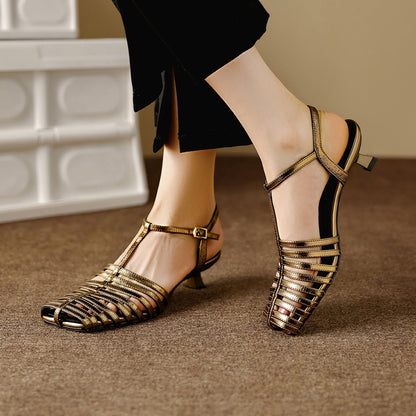 Lambskin Cage T-Strap Slingback Open-Toe Kitten Heels - Free Shipping
