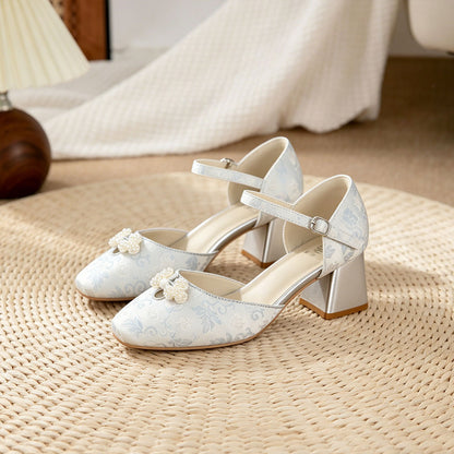 Jacquard  Pearl Bow Square-Toe Chunky Platform Heel Shoes - Free Shipping
