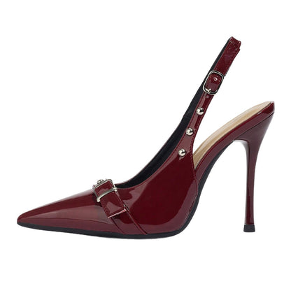 Pointed-Toe  Synthetic Leather Buckle Rivet Stiletto Heels - Free Shipping