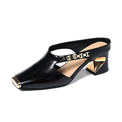 Square-Toe Metal-Cap PU Upper Half-Slipper Heels - Free Shipping