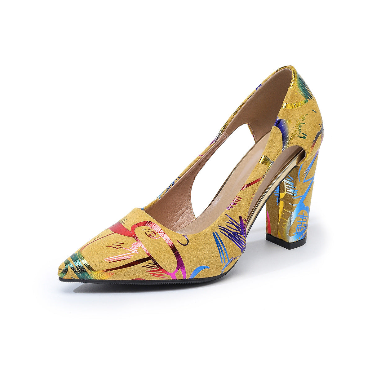Floral Print Pointed Toe Low-Cut Chunky High Heels –  Free Shipping