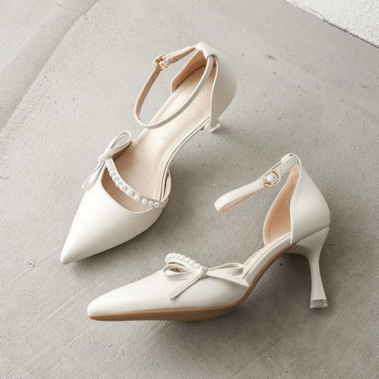Leather Strap Heels in Off-White & Emerald Green - Free Shipping