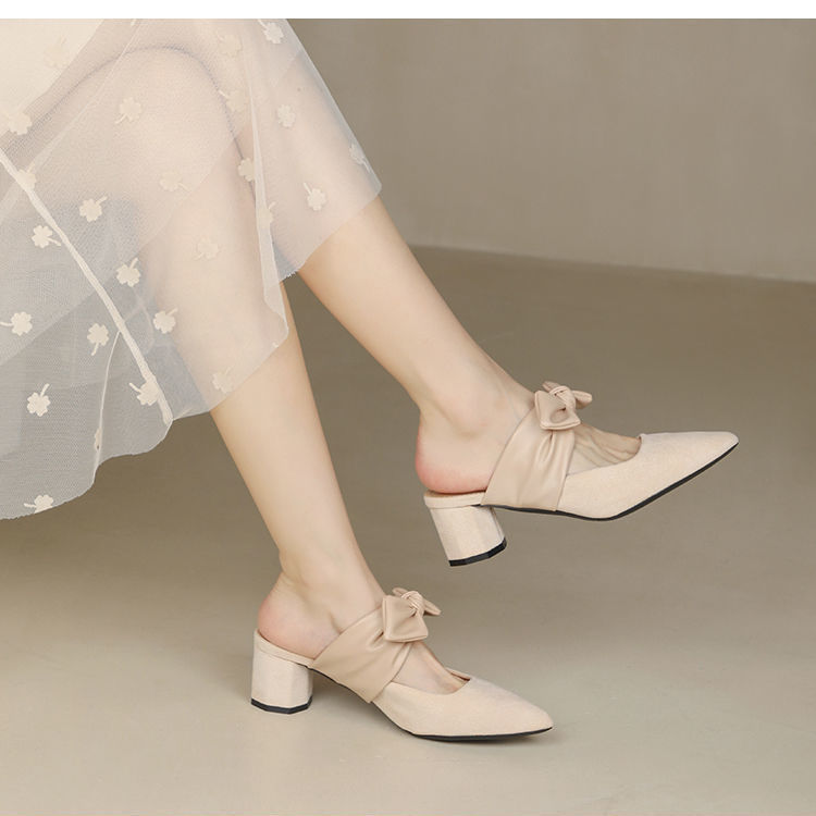 Chunky Heel Pointed Toe Slip-On Block Heels with Bow - Free Shipping