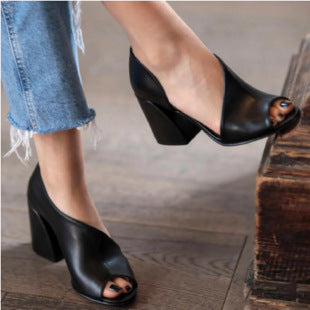Chunky Heel Peep-Toe Slip-On Platform Sandals - Free Shipping