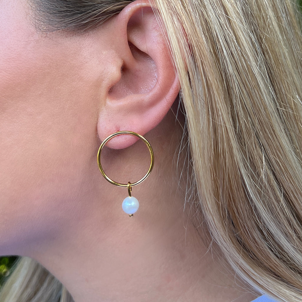Freshwater Pearl Circle Earrings Gold Plated Recycled Shell Handmade - Free Shipping