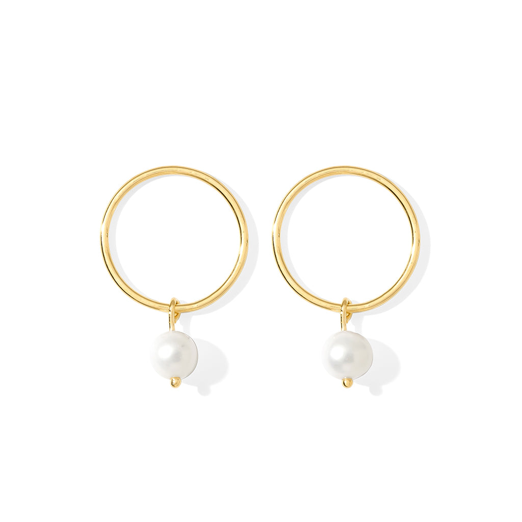 Freshwater Pearl Circle Earrings Gold Plated Recycled Shell Handmade - Free Shipping