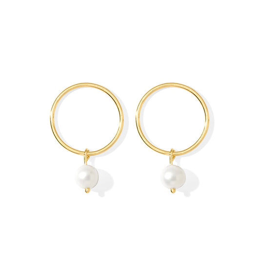 Freshwater Pearl Circle Earrings Gold Plated Recycled Shell Handmade - Free Shipping