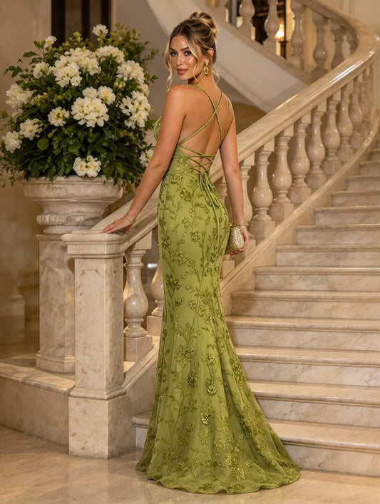 Elegant Green Sequin Spaghetti Strap Mermaid Gown - Free Shipping